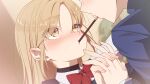  1boy 1girl absurdres alternate_costume aobara_hairi blush bow bowtie brown_eyes brown_hair commentary_request dutch_angle ear_blush faceless faceless_male food highres holding_hands interlocked_fingers long_hair looking_at_another mouth_hold nijisanji parted_bangs pocky pocky_kiss red_bow red_bowtie shirt sister_claire solo_focus straight_hair textless_version thick_eyebrows traditional_bowtie virtual_youtuber white_shirt wispy_bangs 
