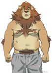  blush bulge clothed clothing feline front_view half-length_portrait lion looking_at_viewer low-riding male mammal mane manly musclegut navel nipples overweight overweight_male pecs portrait pubes rossciaco signature standing sweatpants topless whiskers 