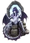  armor barbariank black_legwear blue_hair blue_skin breasts breasts_apart broken_window claws covering covering_crotch dragon_girl dragon_tail dragon_wings dungeons_and_dragons full_body gauntlets gradient_hair greaves hair_over_breasts head_fins head_tilt highres horns long_hair looking_at_viewer medium_breasts monster_girl multicolored_hair navel nude original parted_lips pauldrons paws personification purple_hair rock scales silver_dragon_(d&amp;d) silver_eyes sitting slit_pupils solo spread_wings stained_glass tail thighhighs torn_clothes torn_legwear transparent_background two-tone_hair wings 