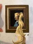 1boy absurdly_long_hair absurdres artist's_hand_in_frame bandaid bandaid_on_face bandaid_on_nose blonde_hair chinese_commentary commentary_request denisefanta earrings fine_art_parody girl_with_a_pearl_earring highres jewelry killer_(one_piece) lipstick long_hair makeup male_focus one_piece parody ponytail signature very_long_hair 