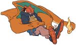  1boy black_hair black_hoodie black_shoes blue_shorts charizard chuu_ni closed_eyes colored_skin commentary_request crossed_legs dark-skinned_male dark_skin drawstring fang fire flame-tipped_tail headband hood hood_down hoodie horns male_focus orange_headband orange_skin pokemon pokemon_(creature) pokemon_sword_and_shield raihan_(pokemon) shoes short_hair shorts sleeping solo spiked_hair tail two-sided_hoodie wings 