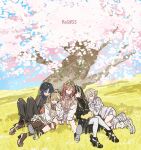  5girls ahoge ankle_boots ascot beamed_eighth_notes black_ascot black_boots black_dress black_gloves black_hair black_pants black_shoes black_sweater black_thighhighs blonde_hair blue-tinted_eyewear blue_hair blue_shirt boots box brown_hair cherry_blossoms closed_eyes collared_shirt commentary_request day dress eighth_note eyewear_on_head frilled_jacket frills gloves gothic_lolita grass grey_hair grey_jacket hair_between_eyes hair_ornament hand_on_another's_head head_on_another's_shoulder heart-shaped_box highres hiodoshi_ao hiodoshi_ao_(1st_costume) hololive hololive_dev_is ichijou_ririka ichijou_ririka_(1st_costume) jacket juufuutei_raden juufuutei_raden_(1st_costume) knees_up leaning_on_person leg_warmers light_blush lolita_fashion long_hair multicolored_hair multicolored_jacket multiple_girls musical_note musical_note_hair_ornament off_shoulder open_clothes open_jacket orange_hair otonose_kanade otonose_kanade_(1st_costume) outdoors pants pantyhose parted_lips pink_shirt purple_hair purple_jacket purple_shorts purple_skirt regloss_(hololive) shirt shoes shorts side-by-side sitting skirt sleeping smile sneakers streaked_hair striped_clothes striped_jacket stuffed_toy suit_jacket suit_pants sunglasses sweater tauyoshi728 thighhighs tinted_eyewear todoroki_hajime todoroki_hajime_(1st_costume) tree two-tone_hair two-tone_jacket two-tone_shorts two_side_up vertical-striped_clothes vertical-striped_jacket virtual_youtuber white_jacket white_leg_warmers white_pantyhose white_shoes white_shorts 