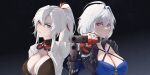 2girls ahoge aiming aiming_at_viewer alpha:_crimson_weave_(pgr) alpha_(pgr) bandeau black_background black_jacket black_sports_bra blue_bandeau blue_eyes blue_hair blue_hands breasts cleavage closed_mouth collarbone colored_inner_hair criss-cross_straps cropped_jacket crossover devil_may_cry_(series) devil_may_cry_5 english_commentary enxaint eyewear_around_neck galbrena_(wuthering_waves) goggles goggles_around_neck gold_choker gun hair_between_eyes hair_intakes hair_ornament handgun heterochromia holding holding_gun holding_weapon jacket jewelry large_breasts long_hair looking_at_viewer mechanical_arms medium_hair multicolored_hair multiple_girls multiple_rings parody parted_lips ponytail punishing:_gray_raven purple_eyes red_eyes ring sidelocks signature simple_background single_mechanical_arm sports_bra standing two-tone_hair upper_body very_long_fingernails very_long_hair weapon white_hair wuthering_waves 