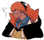  1boy aqua_eyes black_hair black_hoodie blue_shirt blush chuu_ni closed_mouth collared_shirt commentary_request cropped_torso crying crying_with_eyes_open dark-skinned_male dark_skin drawstring from_side headband hood hood_down hoodie male_focus medium_sideburns orange_headband orange_hoodie pokemon pokemon_sword_and_shield profile raihan_(pokemon) shirt short_hair sideburns solo spiked_hair sweat tears two-sided_hoodie undercut white_background wing_collar 