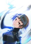  absurdres bodysuit braid brown_hair commentary_request crown_braid glowing grimjin head_tilt highres looking_at_viewer mask niijima_makoto persona persona_5 red_eyes scarf short_hair solo upper_body 