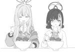  2girls :i =_= absurdres blue_archive blush chopsticks closed_mouth collarbone collared_shirt commentary_request commission eating food furrowed_brow greyscale halo highres holding holding_chopsticks jacket konoka_(blue_archive) long_hair long_sleeves mitsumoto_amata monochrome multicolored_hair multiple_girls noodles off_shoulder pout shirt short_hair short_twintails sidelocks skeb_commission sketch slurping streaked_hair sweat tearing_up tsubasa_(blue_archive) turn_pale twintails upper_body 