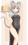  adapted_costume animal_ears bare_legs blush breasts capelet china_dress chinese_clothes covered_navel dress grey_hair highres jewelry legs looking_at_viewer mouse_ears mouse_tail nazrin necklace no_panties pelvic_curtain red_eyes short_hair sleeveless small_breasts solo tail touhou yuu_(yu0221f) 
