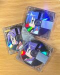  3girls :3 blue_eyes blue_hair bow bow_hairband commentary_request from_side green_eyes hairband headphones highres hiiragi_kagami hiiragi_tsukasa izumi_konata long_hair lucky_star minidisc multiple_girls object_focus panasonynet photo_(medium) profile purple_hair ryouou_school_uniform school_uniform serafuku short_hair siblings sisters smile twintails upper_body yellow_bow yellow_hairband 