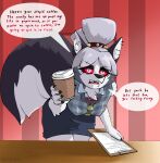 absurd_res accessory angry animal_crossing anthro arm_tuft bee_movie black_nose bottomwear bow_ribbon canid canid_demon canine canis cheek_tuft chest_tuft clothed clothing copypasta cosplay crossover crossover_cosplay demon domestic_dog ear_piercing ear_ring elbow_tuft eye_bags eyebrow_piercing eyebrow_through_hair eyebrows eyelashes eyeshadow facial_piercing facial_tuft female fluffy fluffy_tail fur glowing glowing_eyes grey_body grey_fur grey_hair hair hair_accessory hair_bun half_dime hellaverse hellhound helluva_boss hi_res holding_object humanoid_hands husky inner_ear_fluff isabelle_(animal_crossing) leaning leaning_forward looking_at_viewer loona_(helluva_boss) makeup mammal mythological_canine mythological_creature mythology nintendo nipple_outline nipple_piercing nipples nordic_sled_dog notched_ear office office_clothing open_mouth pattern_clothing pattern_topwear piercing plaid plaid_clothing plaid_topwear profanity red_eyes ring_piercing skirt solo speech_bubble spitz standing sweater tail teeth topwear translucent translucent_hair tuft white_body white_fur wolf