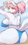  anthro beach big_breasts big_butt blush breasts butt canine chaora clothed clothing female huge_breasts huge_butt kemono mammal seaside skimpy slightly_chubby solo swimsuit 