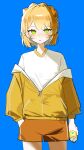  1girl absurdres alternate_costume blonde_hair blue_background blush bow braid can contemporary cowboy_shot crown_braid green_eyes gym_shirt gym_shorts gym_uniform hair_bow hand_in_pocket highres holding holding_can jacket jacket_partially_removed library_of_ruina long_sleeves orange_bow orange_shorts orara_10 parted_lips partially_open_jacket partially_unzipped project_moon shirt short_hair short_shorts shorts simple_background solo tiphereth_a_(project_moon) track_jacket white_shirt yellow_jacket 