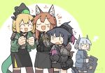  4girls :d =. animal_ears arknights bag black_dress black_hair black_jacket blonde_hair blue_jacket brown_hair brown_pantyhose cat_ears cat_girl cat_tail character_request closed_mouth commentary_request demon_girl demon_horns demon_tail dress fox_ears fox_girl franka_(arknights) green_background green_jacket grey_hair highres horns jacket jessica_(arknights) konno_akikaze liskarm_(arknights) looking_at_another multiple_girls open_clothes open_jacket open_mouth pantyhose pointy_ears smile socks standing tail 