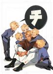  6+boys arms_around_neck artist_name beard black_boots black_shoes blonde_hair blood blood_on_clothes blue_eyes blue_jacket boots brown_cloak chi.:_chikyuu_no_undou_ni_tsuite child cloak closed_eyes commentary_request copyright_name crying facial_hair full_body grey_pants highres hug jacket jewelry kneeling looking_at_another male_focus mature_male multiple_boys necklace nowak_(chi.) open_mouth own_hands_together pants parted_bangs rafal_(chi.) robe shoes sitting smile tears twitter_username uquoozz white_background white_robe 
