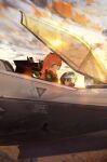  1girl absurdres advarcher aircraft airplane animal_ears blush bomber_jacket bow canopy_(aircraft) closed_mouth cockpit commentary ear_bow ear_ribbon english_commentary f-14_tomcat fighter_jet green_jacket helmet highres holding holding_unworn_helmet horse_ears horse_girl jacket long_hair long_sleeves looking_at_viewer mayano_top_gun_(scramble_zone)_(umamusume) mayano_top_gun_(umamusume) military_vehicle open_cockpit orange_hair pilot sitting sky smile solo two_side_up umamusume unworn_headwear unworn_helmet 