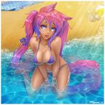  2015 animal_ears artist_name beach bikini blue_eyes blurry breasts cleavage covered_nipples depth_of_field fangs fox_tail frame full_body hair_ribbon highres large_breasts long_hair looking_at_viewer ocean olga_narhova open_mouth original outdoors purple_bikini purple_hair ribbon sand side-tie_bikini sitting solo sunlight swimsuit tail tongue tongue_out twintails very_long_hair water 