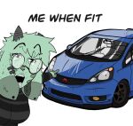 anthro black_clothing black_shirt black_topwear car clothing digital_drawing_(artwork) digital_media_(artwork) ear_piercing ear_ring ear_stud english_description english_text eyewear female fur glasses green_body green_fur hi_res honda honda_fit horn humanoid_hands icon junicanart juniper_(junicanart) looking_at_viewer open_mouth pattern_clothing pattern_shirt pattern_topwear piercing pointing_at_object ring_piercing round_glasses shirt simple_background solo soyjak striped_clothing striped_shirt striped_topwear stripes text topwear vehicle wearing_glasses white_background