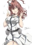  1girl blush breast_pocket breasts brown_hair closed_eyes commentary_request dress gakky hair_between_eyes hair_ornament high_side_ponytail highres kantai_collection large_breasts long_hair looking_at_viewer one-hour_drawing_challenge open_mouth pocket ponytail saratoga_(kancolle) saratoga_mk_ii_(kancolle) side_ponytail smile smokestack smokestack_hair_ornament solo white_dress 
