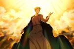  1boy blonde_hair chi.:_chikyuu_no_undou_ni_tsuite cloak closed_eyes cloud cloudy_sky commentary_request floating green_cloak grey_robe highres long_sleeves male_focus outstretched_arms parted_bangs parted_lips rafal_(chi.) robe short_hair sky smile solo sunlight swept_bangs tamanae 