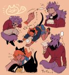  ... 2boys afterimage animal_ears arms_up ascot black_hair black_shoes blue_shirt brown_background cat_boy cat_ears cat_stretch cat_tail cat_teaser chuu_ni closed_eyes closed_mouth coat collared_shirt commentary commentary_request cropped_legs cropped_torso dark-skinned_male dark_skin dynamax_band ears_up gloves grey_pants headband holding holding_cat_teaser holding_paper hood hood_down hoodie kemonomimi_mode leon_(pokemon) long_hair long_sleeves lying male_focus medium_sideburns motion_lines multiple_boys multiple_views on_side orange_headband orange_hoodie pants paper pokemon pokemon_sword_and_shield purple_hair raihan_(pokemon) red_coat scratching_chin shirt shoes short_hair sideburns single_glove speech_bubble spoken_ellipsis stretching tail tail_wagging tailcoat translation_request two-sided_hoodie undercut white_ascot wing_collar yellow_eyes 