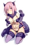  animal_costume animal_ears blush breasts dangerous_beast elbow_gloves fate/grand_order fate_(series) gloves halloween_costume large_breasts looking_at_viewer mash_kyrielight navel pink_eyes pink_hair purple_gloves purple_legwear shiseki_hirame short_hair simple_background sitting solo thighhighs wariza white_background 