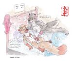 animal_genitalia animal_penis anthro aroused balls bed bodily_fluids canid canine canine_genitalia canine_penis canis contest cum cum_on_balls cum_on_bed cum_on_body cum_on_face cum_on_penis domestic_dog duo erection eyewear fennec_(artist) furniture genital_fluids genitals goggles hi_res hybrid jewelry knot leon_(kelbalrai) lying male male/male mammal masturbation multiple_orgasms mustelid musteline necklace nipples on_bed orgasm orgasm_face pawpads paws penis pillow rivalry stoat tissue_box true_musteline weasel wolf wolfdog zear