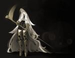  1girl absurdly_long_hair absurdres black_shorts black_veil blending closed_eyes closed_mouth flat_chest full_body gauntlets highres holding holding_scythe lens_flare long_hair long_sleeves mechanical_legs neck_ribbon ribbon scythe shirt shorts solo standing uranosebi utau veil very_long_hair white_hair white_shirt yoine_muri 