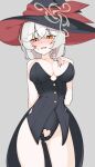 1girl absurdres alternate_costume arm_behind_back ass_visible_through_thighs bare_shoulders black_hat black_leotard black_tailcoat blue_archive blush braid breast_suppress breasts buttons cleavage clothing_cutout collarbone commentary cowboy_shot crossed_bangs curvy cutout_below_navel earrings embarrassed eri_(blue_archive) grey_background grey_hair groin hair_between_eyes halo hand_up hat hat_ribbon heart_cutout highleg highleg_leotard highres jewelry large_breasts large_hat leotard long_hair looking_at_viewer nose_blush open_mouth orange_eyes playboy_bunny randayo_sasaki red_ribbon ribbon simple_background single_braid single_earring solo strapless strapless_leotard sweatdrop tailcoat tailcoat_playboy_bunny tearing_up thighs tilted_halo tsurime witch_hat yellow_halo 