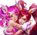  2girls alternate_costume alternate_hairstyle brown_eyes highres hug jinx_(league_of_legends) league_of_legends luxanna_crownguard magical_girl multiple_girls nutthapon_petchthai pink_hair purple_eyes red_hair smile star_guardian_jinx star_guardian_lux twintails 