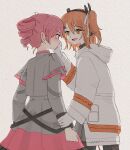  2girls a.i._voice absurdres adachi_rei clenched_hands commentary_request covering_another's_mouth cowboy_shot drill_hair eye_contact gloves grey_jacket grey_skirt hair_ribbon headlamp highres holding_another's_wrist hood hood_down hooded_jacket jacket kasane_teto kasane_teto_(sv) long_sleeves looking_at_another multiple_girls one_side_up open_mouth orange_eyes orange_hair radio_antenna red_eyes red_hair ribbon sabaku_(saba9) simple_background skirt standing synthesizer_v tears twin_drills utau white_gloves white_jacket white_ribbon 