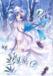  absurdres blue_eyes blue_hair bow full_body highres long_hair looking_at_viewer open_mouth original scan snow snow_bunny solo tree very_long_hair yamamoto_kazue 