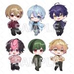  6+boys :d :p ;) black_hair black_pants black_shirt black_shoes blue_jacket blue_shoes blush brown_eyes brown_hair brown_jacket brown_shirt chibi closed_mouth collared_shirt commentary_request copyright_request dress_shirt fang green_hair green_shirt grey_pants jacket long_sleeves male_focus multicolored_hair multiple_boys one_eye_closed pants pink_hair pink_sweater plaid_clothes plaid_shirt puffy_long_sleeves puffy_pants puffy_sleeves purple_hair purple_jacket red_eyes sample_watermark shirt shoes smile streaked_hair striped_clothes striped_jacket sweater tongue tongue_out two-tone_hair vertical-striped_clothes vertical-striped_jacket watermark white_shoes yamabukiiro 