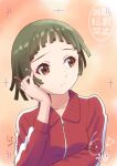  1girl adjusting_hair artist_name breasts brown_eyes brown_hair choppy_bangs close-up closed_mouth commentary current_nadeko dated eyelashes gradient_background hand_on_own_cheek hand_on_own_face highres holding holding_pencil huumoon jacket light_frown looking_afar looking_to_the_side monogatari_(series) nademonogatari orange_background pencil pinky_out portrait raised_eyebrows red_jacket revision sengoku_nadeko short_hair signature single_vertical_stripe small_breasts solo track_jacket trim_marks 
