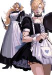  2boys apron black_dress blonde_hair cigarette closed_mouth collarbone commentary_request crossdressing crossdressing_(mtf) denisefanta dress facial_hair frying_pan goatee hair_over_one_eye heart heart_print highres holding holding_frying_pan holding_sword holding_weapon killer_(one_piece) long_hair maid maid_headdress male_focus male_maid male_underwear mature_male multiple_boys one_piece pectoral_cleavage pectorals purple_lips sanji_(one_piece) smoking sword underwear very_long_hair weapon white_apron 