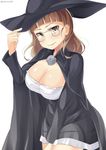  adjusting_clothes adjusting_hat alternate_costume bad_id bad_pixiv_id black_dress blush breasts brown_eyes brown_hair cape cleavage dress glasses hat kankitsunabe_(citrus) kantai_collection large_breasts long_sleeves roma_(kantai_collection) short_hair solo twitter_username wavy_hair white_background witch_hat 