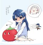  1girl :d :| arrow_(symbol) blue_eyes blue_hair blue_sweater_vest blush can't_show_this_(meme) closed_mouth collared_shirt commentary_request full_body grey_skirt half_updo highres jitome kanduki_kamibukuro link!_like!_love_live! long_hair love_live! lying meme miniskirt murano_sayaka nose_blush open_mouth shirt skirt smile solo_focus speech_bubble spoken_character stuffed_tomato sweatdrop sweater_vest tomati_(love_live!) translation_request v-shaped_eyebrows virtual_youtuber white_shirt yugiri_tsuzuri 