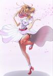  1girl agano_class_no3 belt blowing blue_eyes breast_pocket breasts brown_hair clothes_lift commentary_request dress dress_lift falling_petals floating_hair full_body hair_between_eyes hair_ornament high_side_ponytail highres kantai_collection large_breasts long_hair long_sidelocks neckerchief petals pink_background pink_petals pocket ponytail red_belt red_neckerchief rose_petals saratoga_(kancolle) short_sleeves side_ponytail sidelocks simple_background solo standing standing_on_one_leg white_dress 