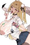  1girl :d absurdres ahoge alternate_costume animal_between_breasts animal_print arched_back between_breasts bikini bikini_bottom_only bikini_under_clothes black_choker black_ribbon black_skirt blonde_hair blush braid breasts brown_thighhighs cellphone cellphone_charm chalky_(zenless_zone_zero) character_charm charm_(object) choker cissia_(zenless_zone_zero) collared_shirt commentary_request covered_nipples cowboy_shot earclip facial_mark fang fingernails forked_tongue from_side green_scrunchie gyaru hair_behind_ear hair_ornament hair_ribbon hairclip half-closed_eyes half_up_braid hands_up heart heart_facial_mark heart_necklace heavy_breathing highres holding holding_phone huge_breasts jewelry kogal leaning_forward leopard_print leopard_print_bikini long_hair long_tongue looking_at_viewer looking_to_the_side microskirt midriff_peek nail_polish navel_piercing necklace nemuinu7 nipples no_bra one_side_up open_mouth partially_unbuttoned phone piercing pink_nails pleated_skirt pom_pom_(clothes) pom_pom_hair_ornament print_bikini red_eyes red_scrunchie ribbon school_uniform scrunchie see-through_clothes see-through_shirt shirt short_sleeves simple_background skirt smartphone smile snake snake_girl snake_hair_ornament snake_tail solo standing striped_clothes striped_scrunchie sweat sweatdrop swimsuit tail tail_raised thighhighs tongue tongue_out v variant_set very_long_hair wet wet_clothes wet_shirt white_background white_shirt white_snake wise_(zenless_zone_zero) wrist_scrunchie wristband zenless_zone_zero 
