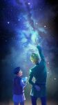 2boys albert_brudzewski_(chi.) aqua_jacket arm_behind_back black_hair blonde_hair blue_pants book chi.:_chikyuu_no_undou_ni_tsuite child commentary_request from_behind highres holding holding_book jacket looking_at_another male_focus milky_way multiple_boys pants pointing pointing_up rafal_(chi.) short_hair signature sky star_(sky) starry_sky tamanae twitter_username 