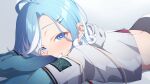  1girl absurdres ahoge aobara_hairi blue_eyes blue_hair blue_sleeves blush bright_pupils colored_tips commentary crop_top cropped_hoodie gradient_background grey_background grey_hoodie grin hair_down highres hololive hololive_indonesia hood hoodie jacket kobo_kanaeru kobo_kanaeru_(1st_costume) long_hair long_sleeves looking_at_viewer lying median_furrow multicolored_hair on_stomach pants ringed_eyes see-through_clothes see-through_jacket simple_background smile solo two-tone_hair virtual_youtuber wavy_hair white_hair white_pants white_pupils 