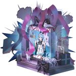  1girl \||/ against_glass android apron artist_request barcode black_bow black_dress black_gloves blue_eyes blue_hair bow box cat dress electricity equation frilled_apron frills glasses gloves hand_on_glass in_box in_container kneeling labyrinth_(path_to_nowhere) lightning_bolt_symbol maid name_tag name_tag_hair_ornament official_art path_to_nowhere power_symbol purple_ribbon ribbon sign warning_sign white_bow white_cat 