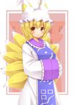  blonde_hair blush closed_mouth cowboy_shot dress fox_tail frilled_sleeves frills hands_in_opposite_sleeves hat kyuubi long_sleeves looking_at_viewer multiple_tails pillow_hat short_hair smile solo tabard tail tassel touhou white_dress wide_sleeves yakumo_ran yellow_eyes yuu_(yu0221f) 