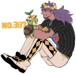  1boy ^_^ champion_uniform chuu_ni closed_eyes commentary_request crossed_arms dark-skinned_male dark_skin facial_hair flower flower_wreath from_side gloves goatee grin leon_(pokemon) long_hair male_focus multicolored_gloves pants parted_bangs patterned_clothing pinstripe_pattern pinstripe_shirt pokemon pokemon_(creature) pokemon_sword_and_shield print_shirt profile purple_hair shirt shoes short_sleeves shorts single_glove sitting smile solo sprout sprout_on_head turtwig white_background white_pants white_shorts yellow_flower 