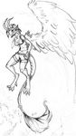  breasts clothed clothing dragon feathered_wings feathers female feral horn human kitty_silence mammal midriff navel simple_background sketch solo traditional_media_(artwork) white_background wings 