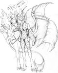  3_toes 5_fingers clothed clothing duo feathered_wings feathers female greyscale horn humanoid kitty_silence membranous_wings midriff monochrome navel russian_text standing text toes traditional_media_(artwork) wings 