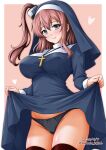  1girl black_dress black_panties blue_eyes blush breasts brown_hair brown_thighhighs commentary_request cowboy_shot dated dress hair_between_eyes high_side_ponytail highres kamiya_tadato kantai_collection large_breasts long_hair long_sleeves looking_at_viewer nun nun_headdress one-hour_drawing_challenge panties pink_background ponytail saratoga_(kancolle) side_ponytail smile solo thighhighs traditional_nun twitter_username underwear white_background 