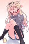  bespectacled black_legwear black_ribbon blonde_hair blush clenched_hands closed_eyes glasses gradient gradient_background gradient_hair hair_between_eyes hair_flaps hair_ribbon k10k kantai_collection light_particles long_hair miniskirt multicolored_hair panties pleated_skirt red_hair remodel_(kantai_collection) ribbon scarf school_uniform semi-rimless_eyewear sitting skirt sleeves_past_wrists smile socks solo striped striped_panties sweater the_yuudachi-like_creature thighs underwear white_scarf yuudachi_(kantai_collection) 