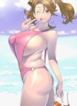 1girl :p ass bare_shoulders breasts brown_eyes brown_hair finger_to_face flat_ass gundam gundam_build_fighters gundam_build_fighters_try highres holding huge_breasts kotoyoshi_yumisuke long_hair looking_at_viewer one-piece_swimsuit one_eye_closed sazaki_kaoruko sideboob solo sunglasses swimsuit thighs tongue tongue_out twintails 