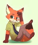  2015 canine disney fox fur green_eyes mammal necktie nick_wilde orange_fur paws simple_background sitting smile sunnynoga zootopia 