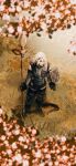  1boy black_gloves blurry blurry_foreground book closed_mouth commentary cursoulla floating floating_book floating_object from_above full_body gloves grass grimoire_weiss highres holding holding_weapon male_focus medium_hair nier nier_(brother) nier_(brother)_(post_timeskip) nier_(series) on_ground polearm spear standing weapon white_hair 