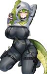  1girl absurdres alternate_breast_size_(larger) arknights arknights:_endfield arm_behind_head black_bodysuit blush bodysuit breasts cellphone commentary covered_navel fingerless_gloves fluorite_(arknights) gloves green_eyes green_hair grey_background grey_gloves hair_through_hood highres holding holding_phone hood hood_up huge_breasts kneeling licking_lips looking_at_viewer phone pingun shrug_(clothing) simple_background smartphone snake_girl snake_tail solo tail tongue tongue_out white_shrug 